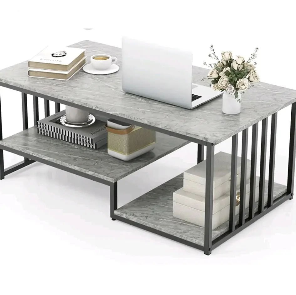Faux Marble Coffee Table, Rectangular 2-Tier Center Table with Open Storage Shelf, Modern Long Cocktail Table Snack Table for Living Room Home Office
