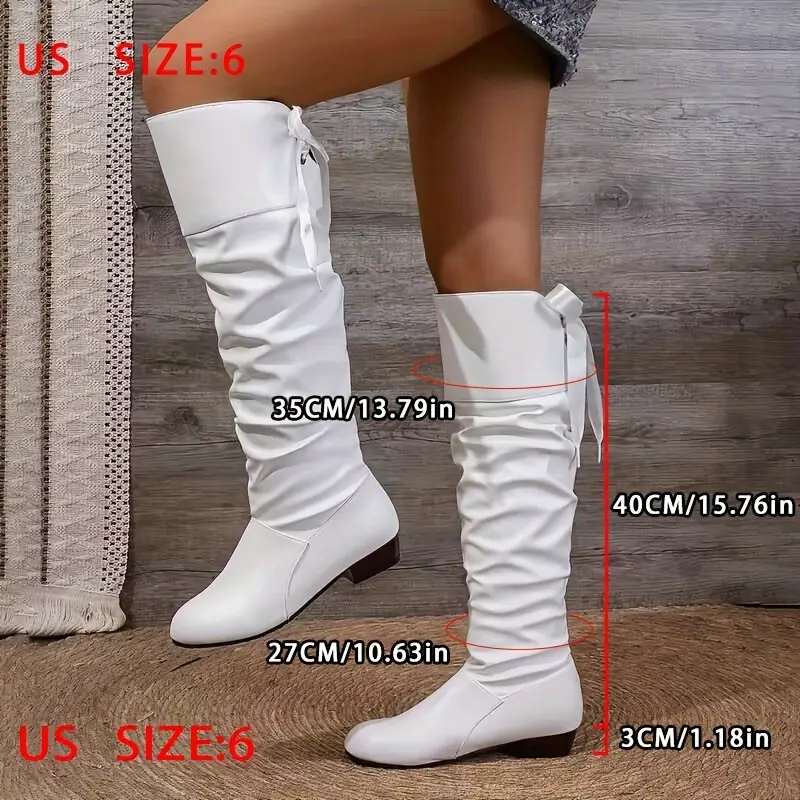 [Comfortable Boots] Elegant Women's Knee-High Boots with Bow Detail - Square Toe, Chunky Low Heel, Lace-Up, Faux Cover & Rubber Sole, Available in White, Black, Red 5