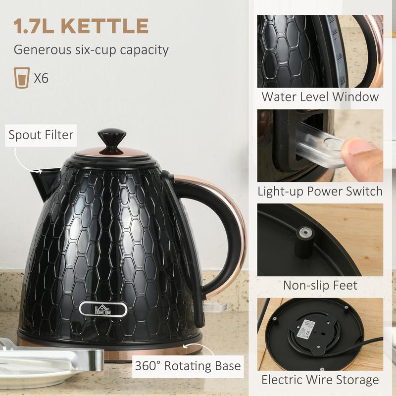 HOMCOM Kettle and Toaster Set, 1.7L 3000W Fast Boil Kettle with Auto Shut Off, 2 Slice Toaster with 7 Level Browning Controls and Crumb Tray, Black 3
