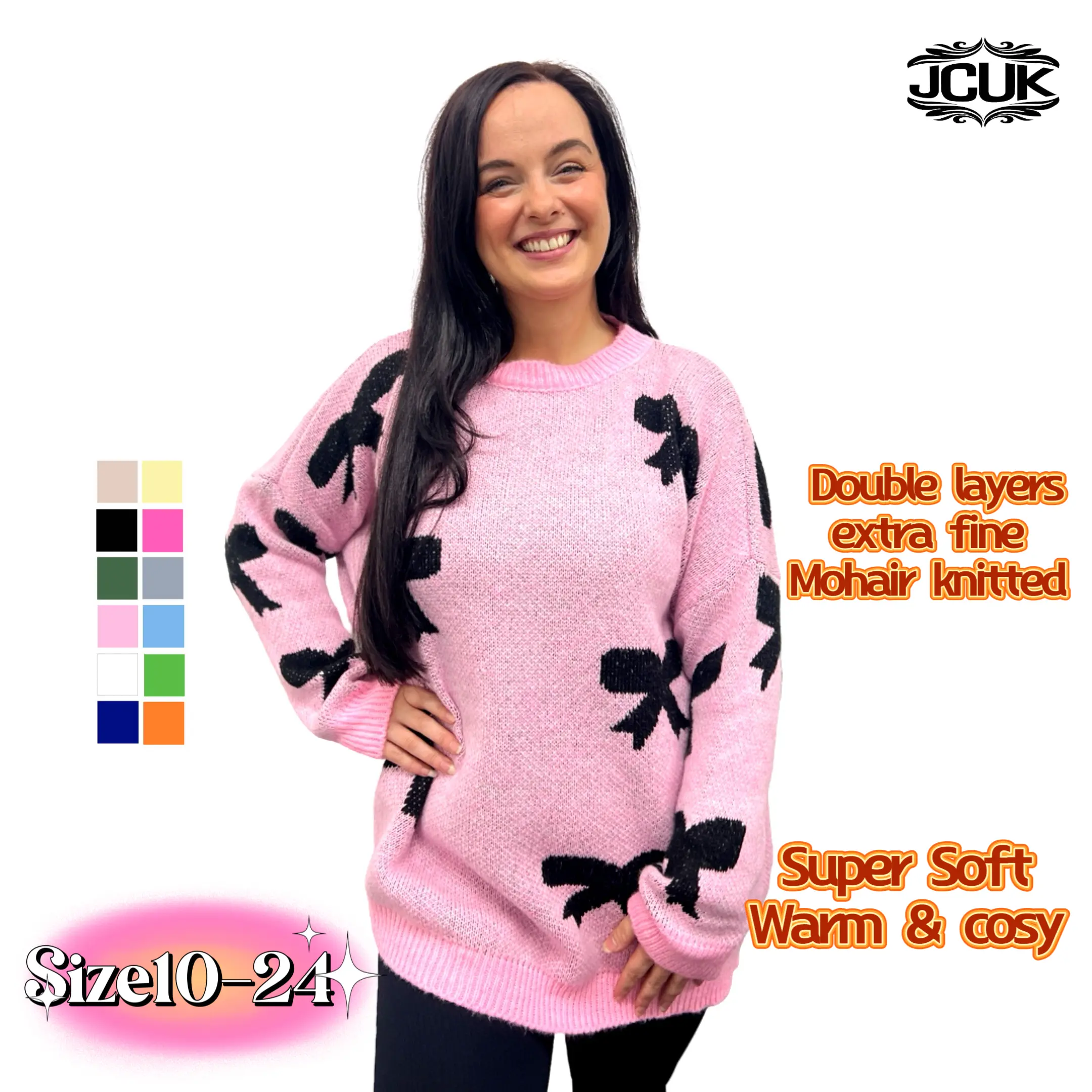 JCUK LADIES KNITWEAR JUMPER SUPER SOFT BUTTERFLYBOW CONTRASTING MOHAIR COZY KNITTED JUMPER DOUBLE LAYERS MOCK NECK CUFF SLEEVES PLUS SIZE ONESIZE FITS ALL 10-24 PLUS SIZE LADIES JUMPER