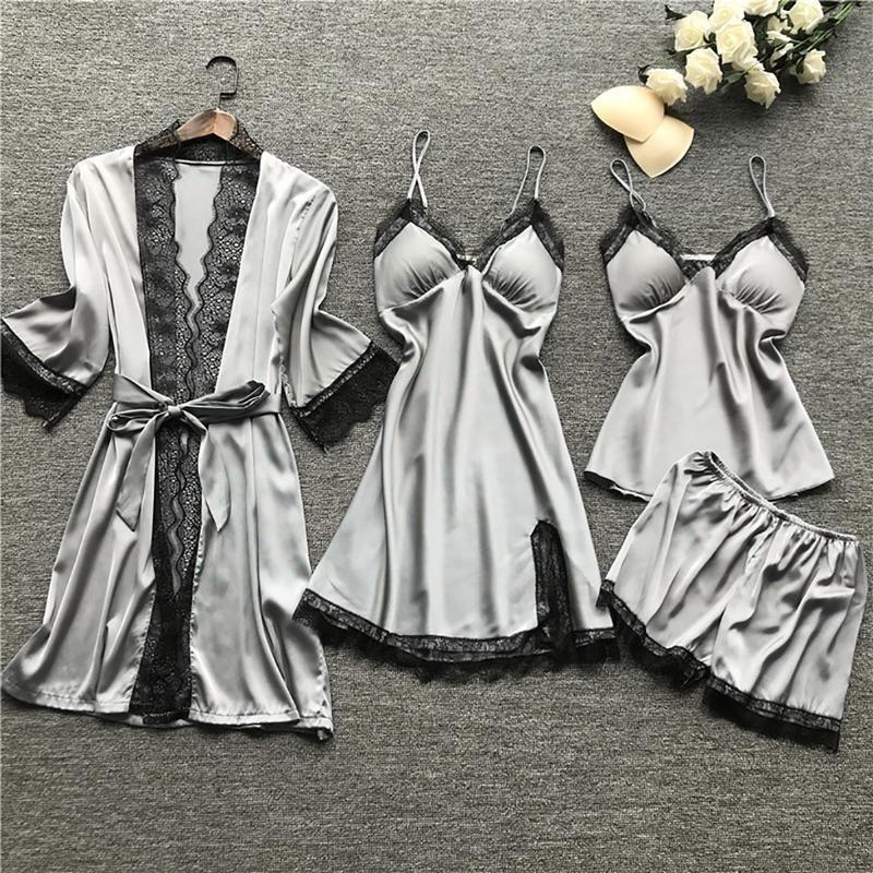 Sleepwear Silk women nightdress lace dress robe pajamas set satin underwear for women full coverage negligee sexy lingerie 3