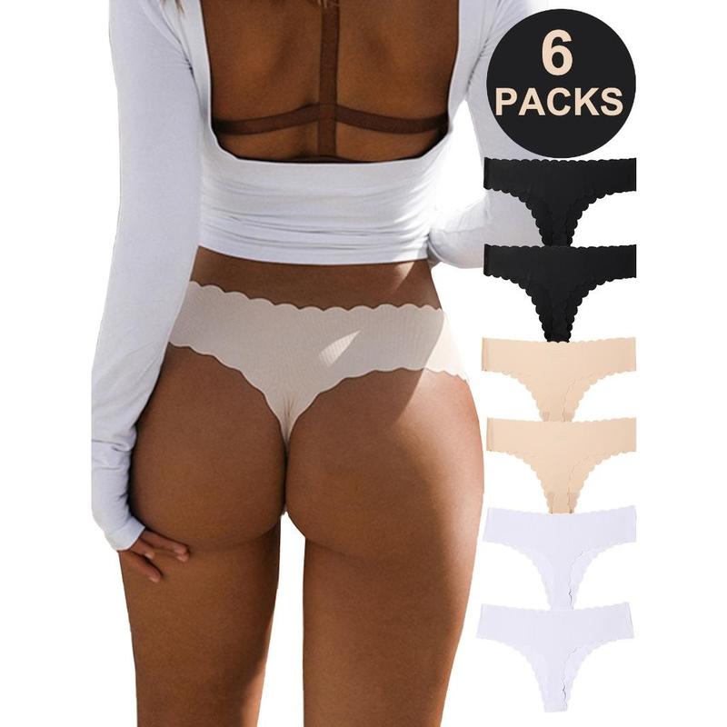 6pcs Soft Seamless Scallop Trim Thongs, Comfy Stretchy Women's Intimates Panties Lingerie & Underwear 0