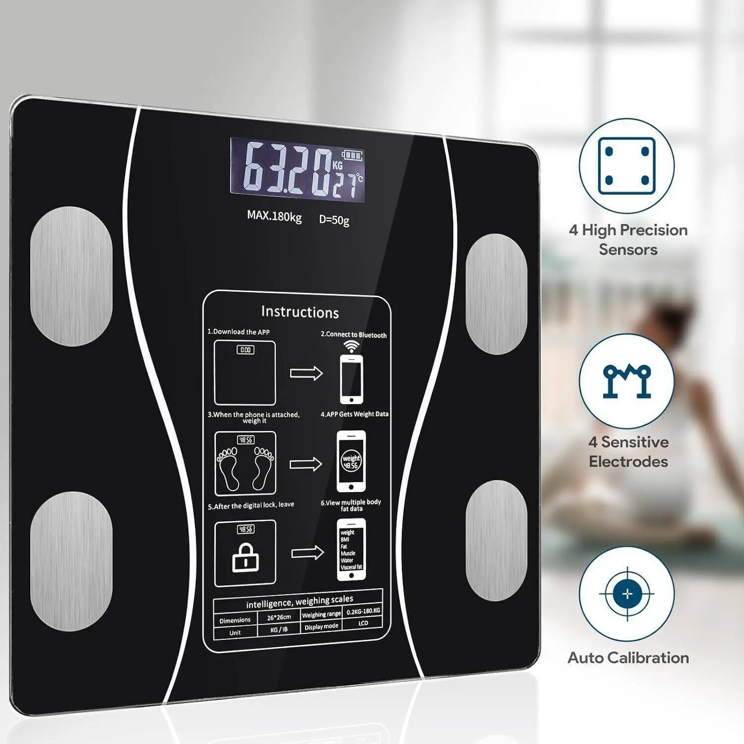 Digital Bathroom Scales Weighing LCD Electronic Body Fat BMI Monitor LCD Glass Composition Analyzer with Smart APP Composition Fitbit Scales for Fitness Healthcare Weight Scale