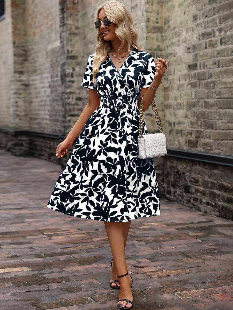 Product Introduction of Floral Wrap Neck Dress, Elegant Short Sleeve Dress For Spring & Summer, Women's Clothing 9