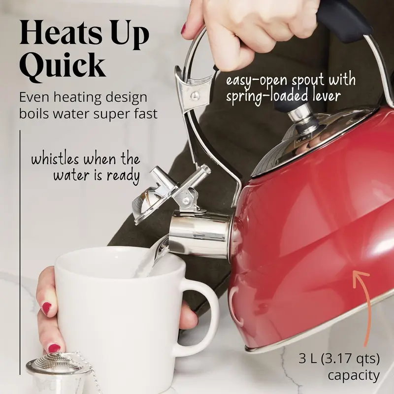 Willow & Everett Stainless Steel Whistling Tea Kettle 3L Induction & Gas Stove with free Loose Leaf Tea Strainer Drinkware Jugs Aluminium Retro Silicone 8