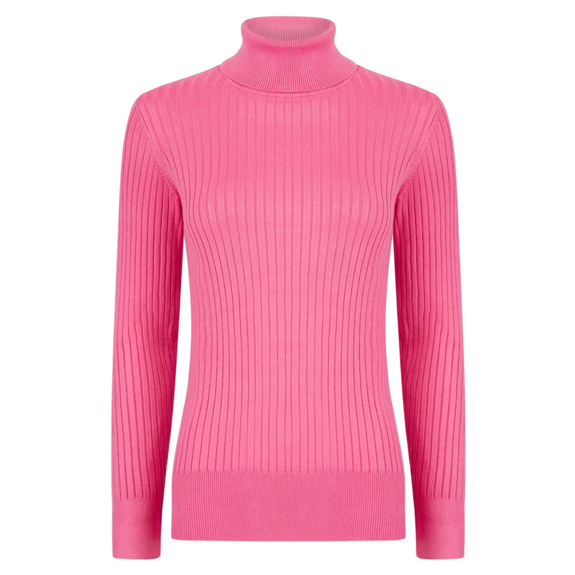Ladies Pink Roll Neck Ribbed Long Sleeve Spring Jumper