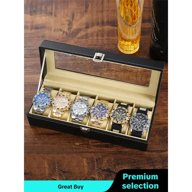 Luxury 6-Slot Watch Box Organizer with Glass Top, Premium Black PU Leather Exterior, Soft Velvet Interior, Square Watch Display Case with Flip-Top Lid for Storage and Showcase Multicolor 6
