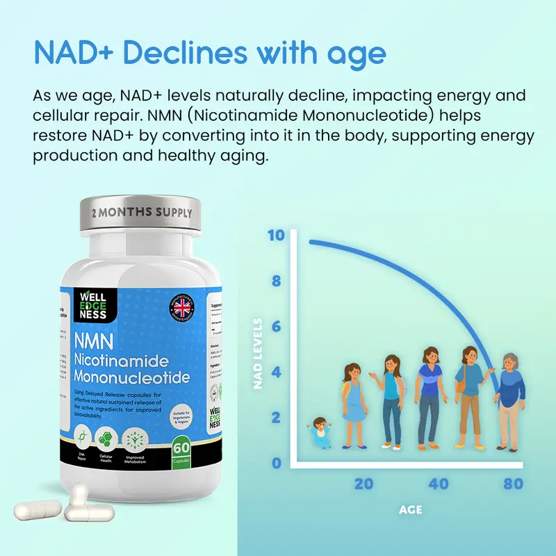60 x 500mg Pure NMN Capsules | 2 Months Supply with Delayed Release Technology Capsules | NAD+ Precursor - Longevity & DNA Repair Edible NMN Supplement Fitness Healthcare by WELLEDGENESS Multivitamin Wellness Viral Supplements 1