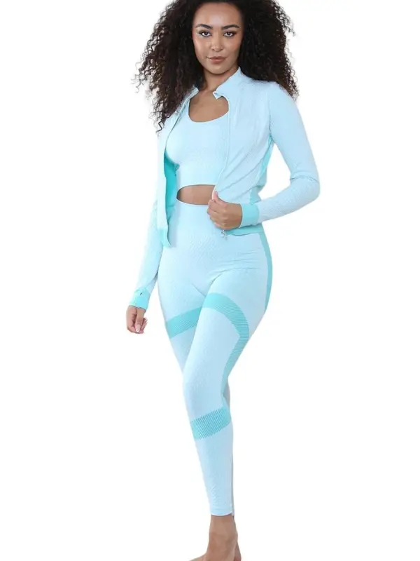 Women's Seamless 3-Piece Yoga Set - A Honey Comb Textured Material with Linear Detail And Cropped Zip Up Top. Gym Workout Fitness Tracksuit 4