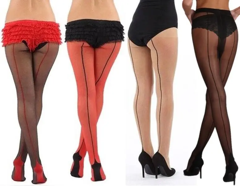 Sexy Black Nude Red Seamed Tights Cuban Heel Jive Retro Vintage Look Size M L 8 10 12 14 16 18 20 22 Plus Womenswear Underwear Women Lady Comfort Basic Minimalist Sheer Nylons Pantyhose