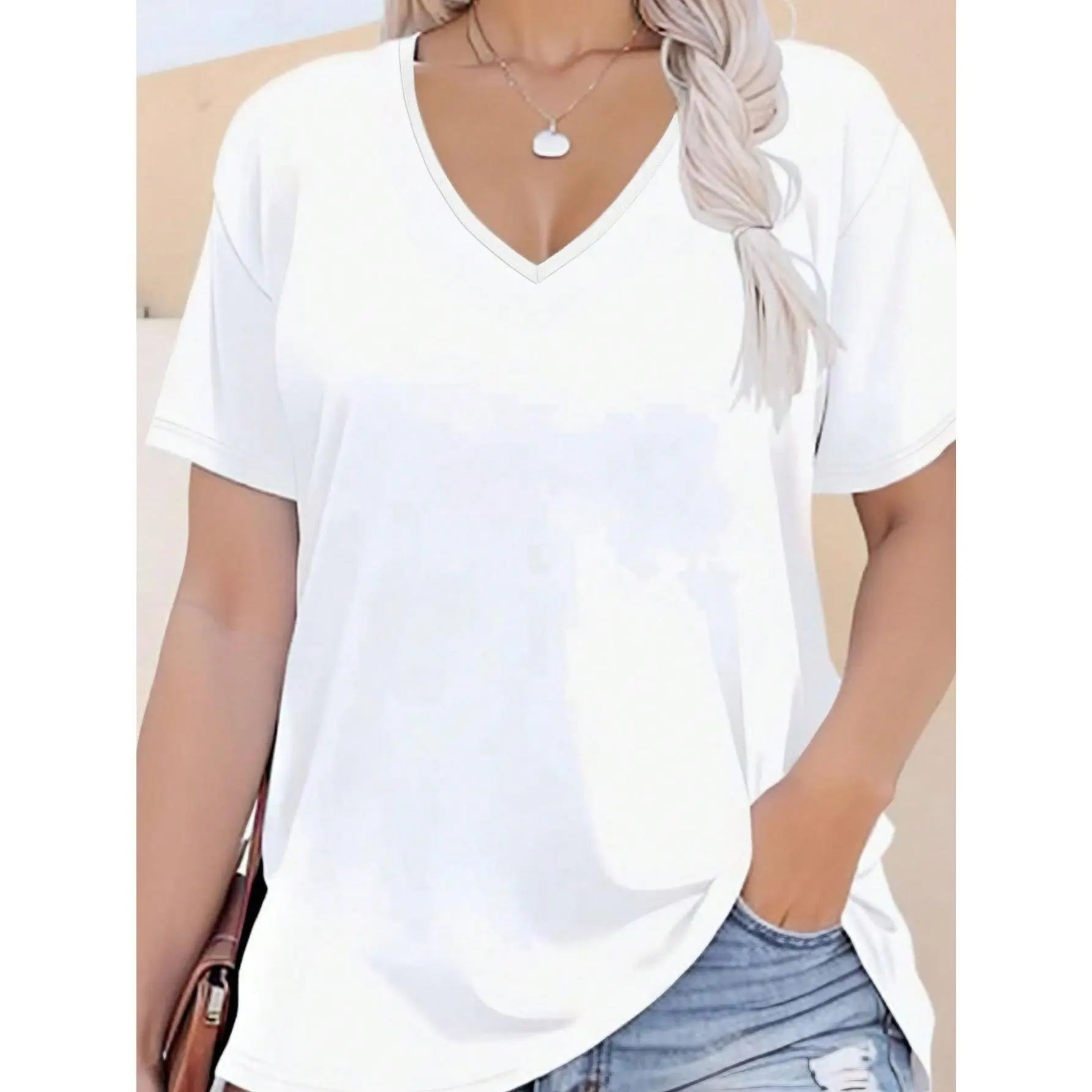 Solid Color Simple V-Neck Plus Size Women's Short Sleeve T-Shirt Fit Top