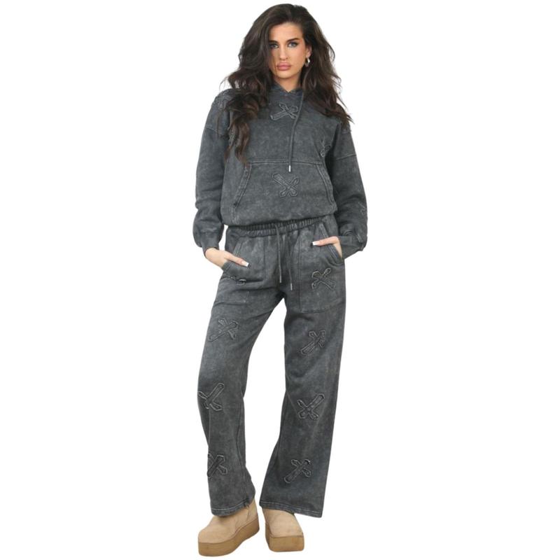 Womens Basic Cross Applique Tracksuit Oversized Drop Shoulder Hoodie Wide Leg Joggers 7