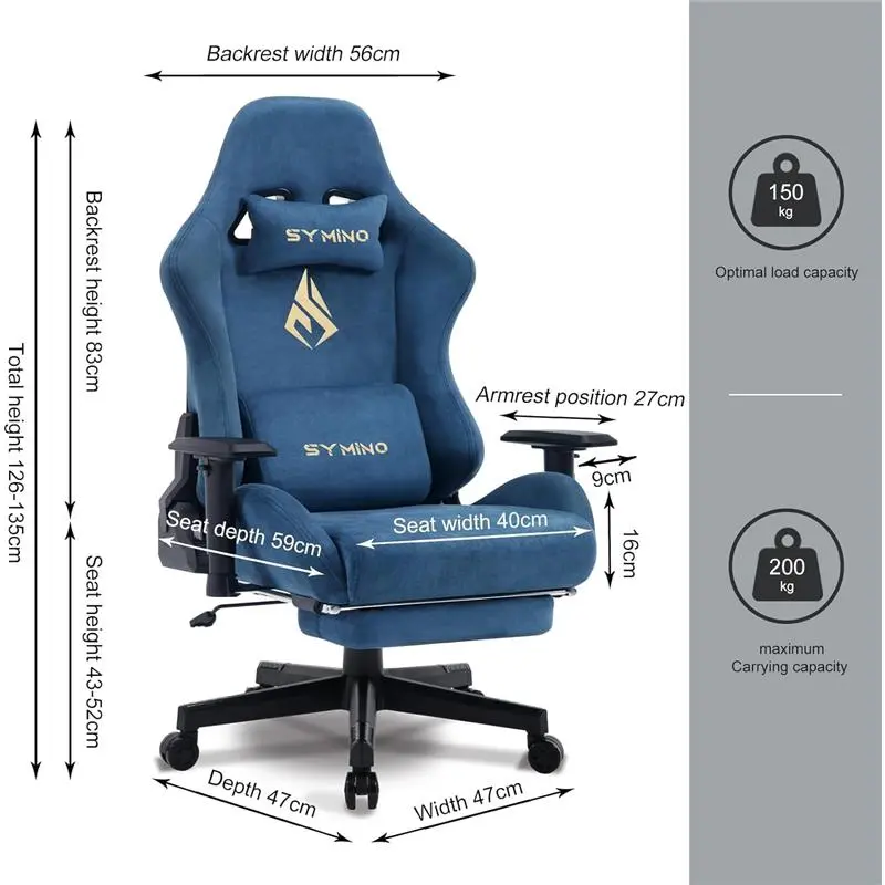 Gaming Chair, Computer Chair with Footrest, Headrest and Lumbar Support, Ergonomic PC Chair, Height Adjustable Rotating Task Chairs, Blue 1
