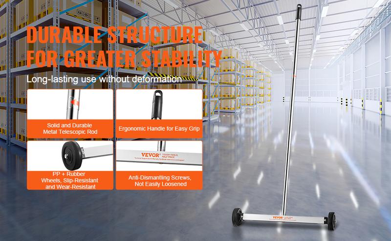Product Introduction of VEVOR Magnetic Sweeper with Wheels, 17inch Mini Magnetic Sweeper, 10 lbs Capacity, Adjustable Handle, Lightweight Magnetic Pickup Sweeper to Pick Up Nails and Screws, Easy Cleanup of Workshop Garage 7