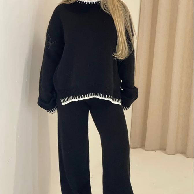 Women's Stitched Knitted Jumper Top Wide Leg Trousers 2PCS Co ord Loungewear Set Long Sleeve Winter Basic Comfort Womenswear Casual Comfortable Coord Fit Overalls 6