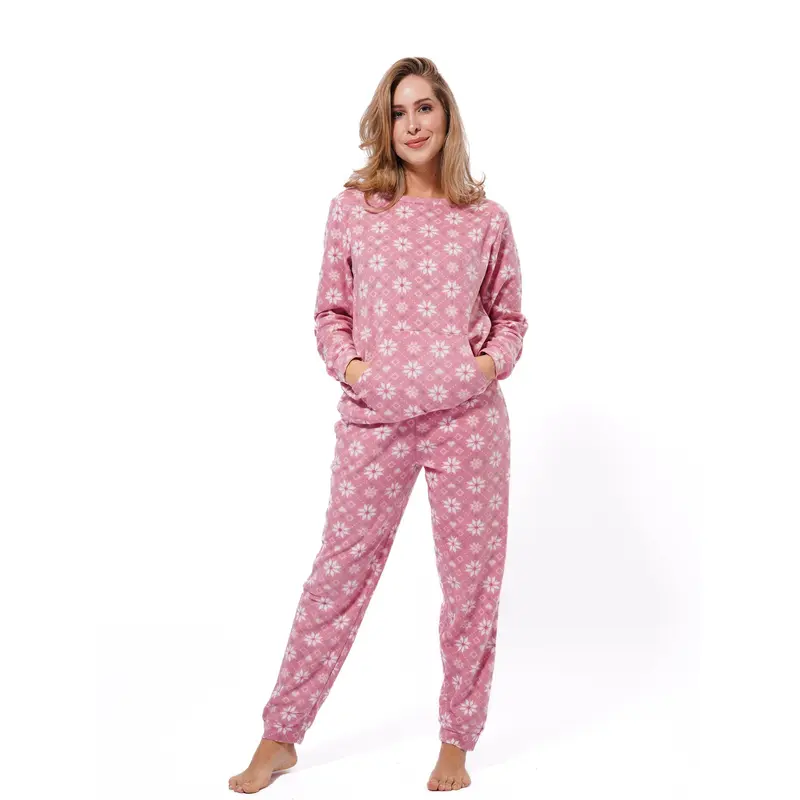 Christmas Flower Print Women Long Sleeve Pyjama Set with kangaroo pocket 1
