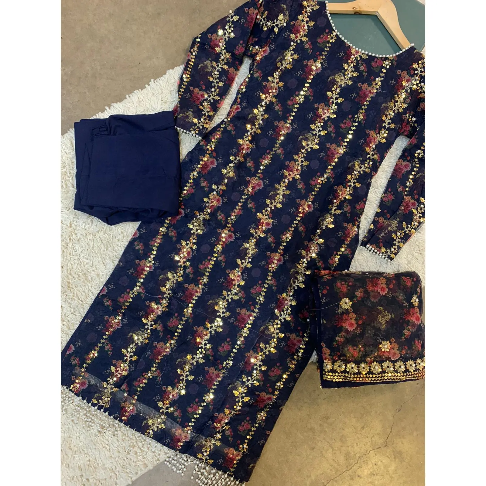 S Creations ‘Nisa’ | Embroidered Organza Digital Print Readymade | SC131 (Navy)
