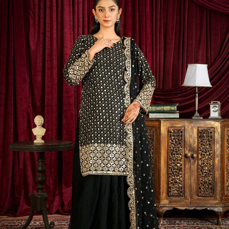 Luxury Chiffon 3pcs dressFormalwear with Heavy Embroidered Duppta and crush plazo Comfort Long Sleeve. 2