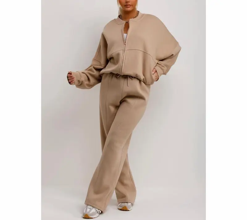 Bomber Sweatshirt With Zip And Joggers Loungewear Set Beige Womenswear 1