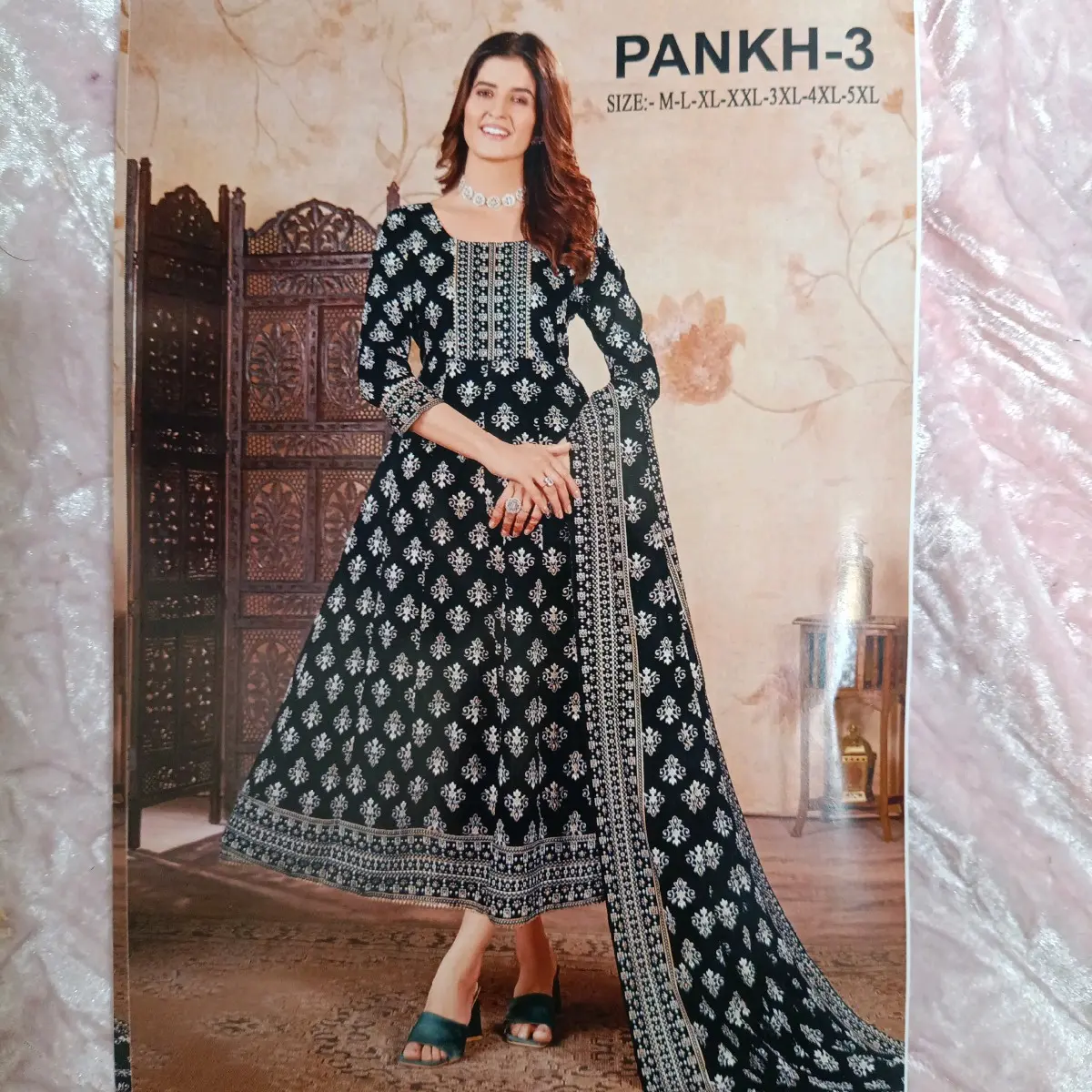 Black and Gold - 2 piece Gold printed Anarkali dress with matching duppata, Asian, Dress, Pakistani, Indian
