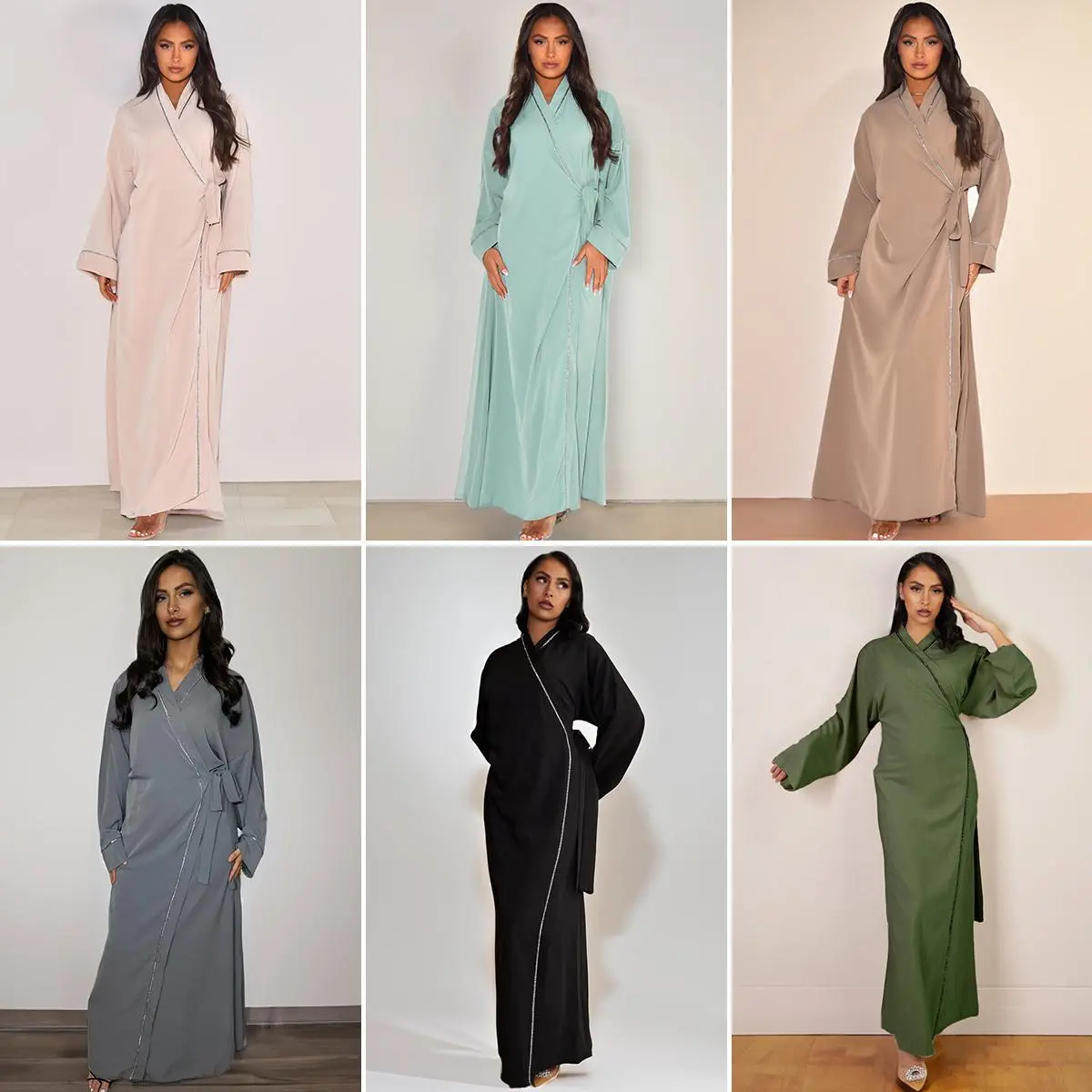 Women's Muslim Fashion Trendy Silver Trim Long Sleeve Lace-Up Wrap Dress,Silver Borders Wrap-Around Satin Kimono,Maxi Dresses for Women,Comfort Basic Minimalist,Comfortable Womenswear