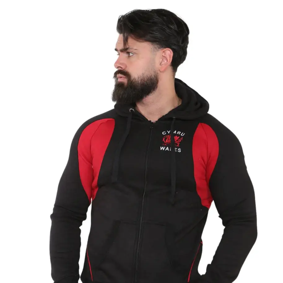 New Men's Wales Barri Full Zip Embroidered Applique Welsh Dragon Hoodie Top Casual Cotton Menswear