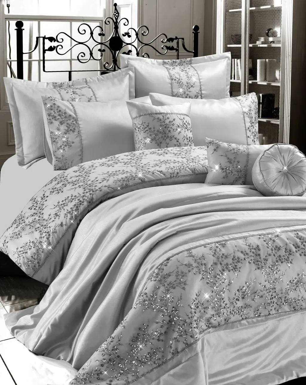 Embroidered Satin Silk GIGI  Duvet Quilt Cover Set Luxury European Neoclassical Style 100% Polyester