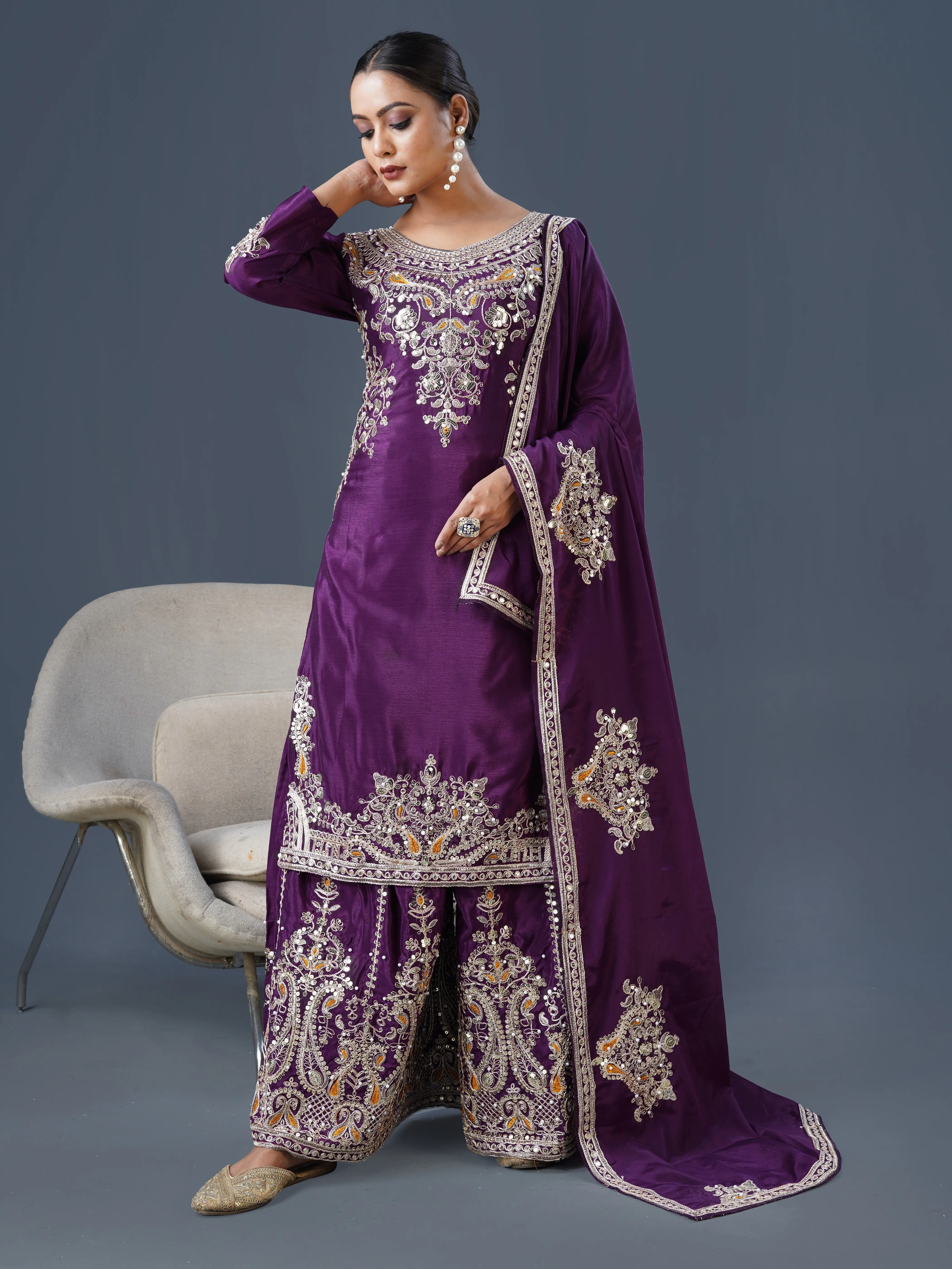 Traditional Pakistani/Indian Wine Color Palazzo Suit with Heavy Embroidery Work in Chinnon Fabric - Top and Elastic Pants and Dupatta - Comfort