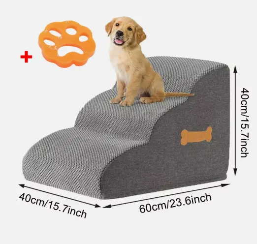 Grey Dog Stairs Pet For Bed Sofa Cats Ladder Ramp With Removable Cover Portable 2