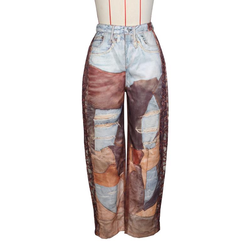 Product Introduction of Leosoxs Women Denim Pants Spring Casual Leather 3D Printed Wide Leg Pants Streetwear Lady Loose Straight-Leg Jeans Trousers 1