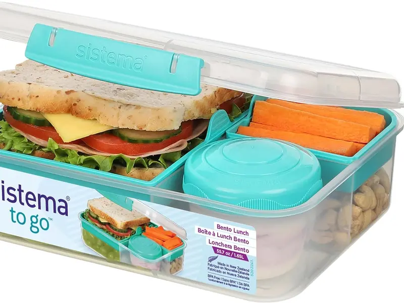 Bento Lunch Box with Compartments & Snack Pot, 1.65 L, BPA-Free, Minty Teal - Tableware 0