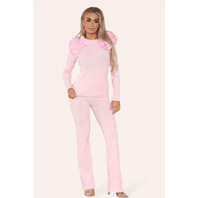 Ruffle Frill Shoulder Ribbed Loungewear Co-Ord Top & Trouser Set Womenswear Bottom Comfortable Cute 4