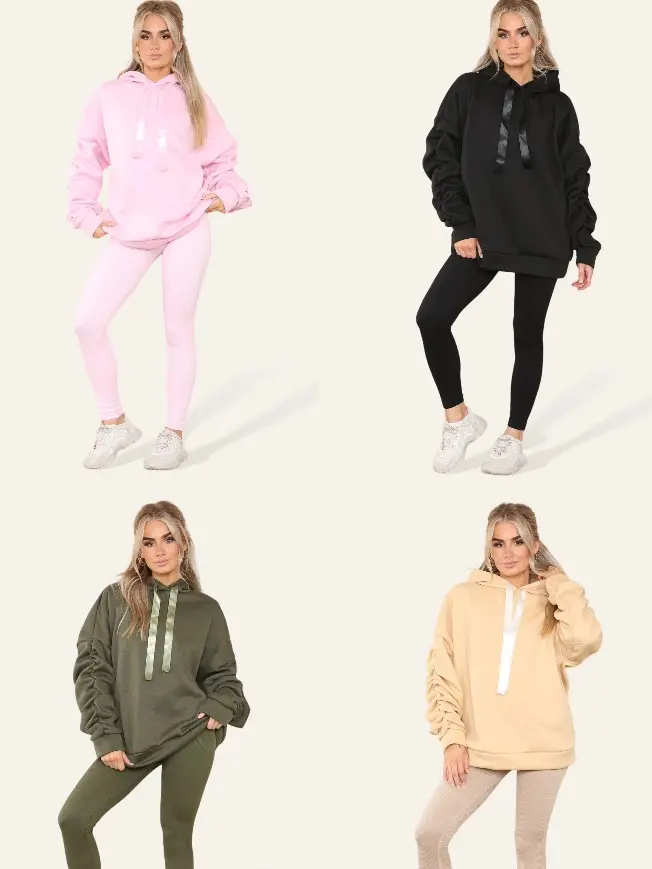H.O.A Set of Ruched Hoodie and Matching Colour Ribbed Leggings (Many Colours) Comfort