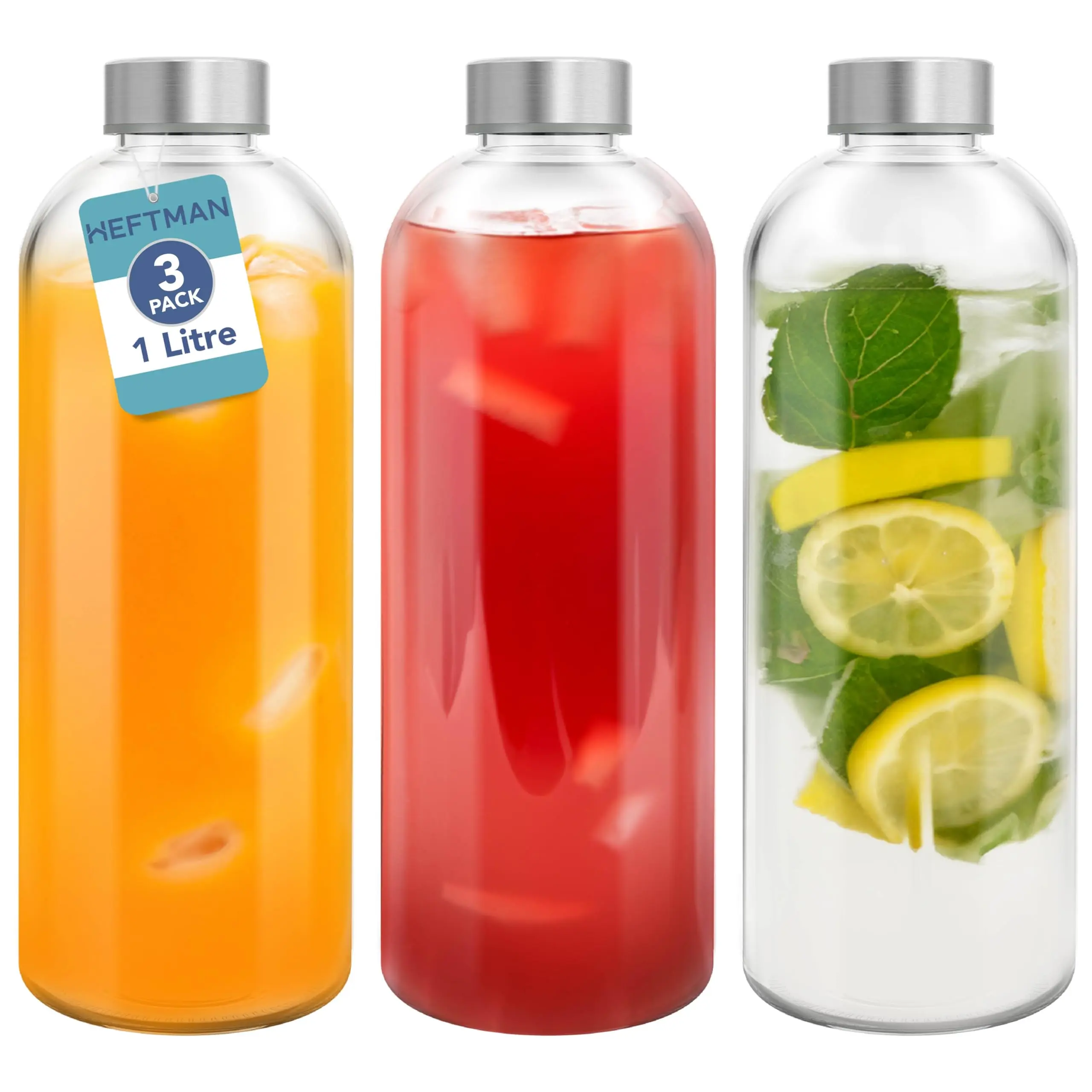 HEFTMAN Glass Water Bottle 1 Litre - Empty Glass Bottles with Lids - Water, Smoothies, Glass Juice Bottles with Airtight, Leakproof, Stainless Steel Lids & Cleaning Brush for Work, Gym, Home