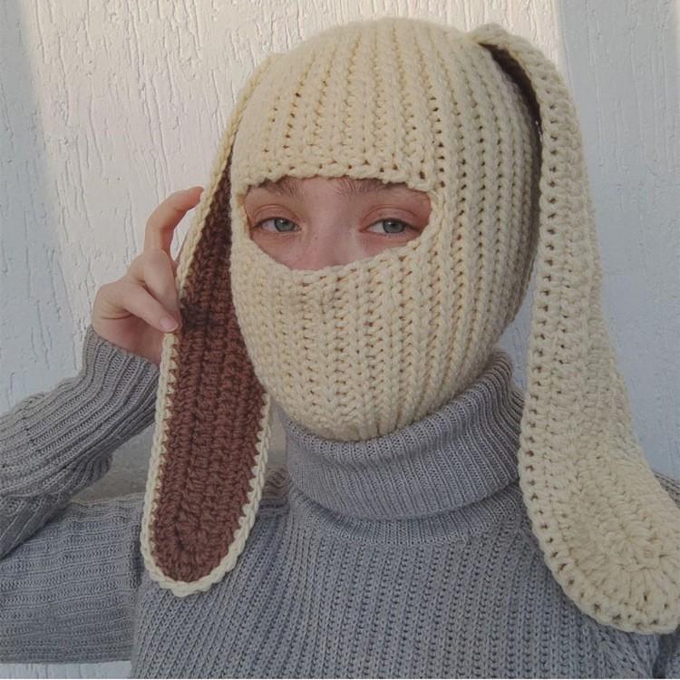 Explosive Rabbit Ear Hat Autumn and Winter Balaclava Neck Mask in One Knitted Hat 3