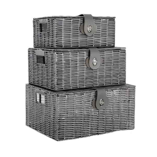 SET OF 3 Resin Wicker Woven Storage Baskets Hamper Box With Lid & Lock Grey