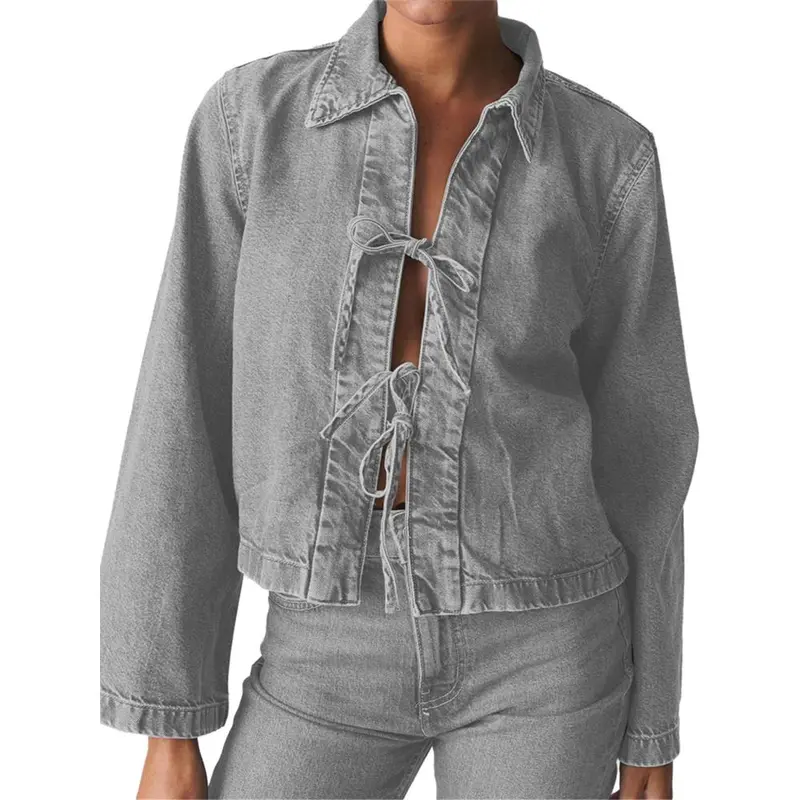 Women's Denim Tie Front Jacket Solid Color Lapel Long Sleeve Casual Cropped Coats Spring Fall Outerwear 4