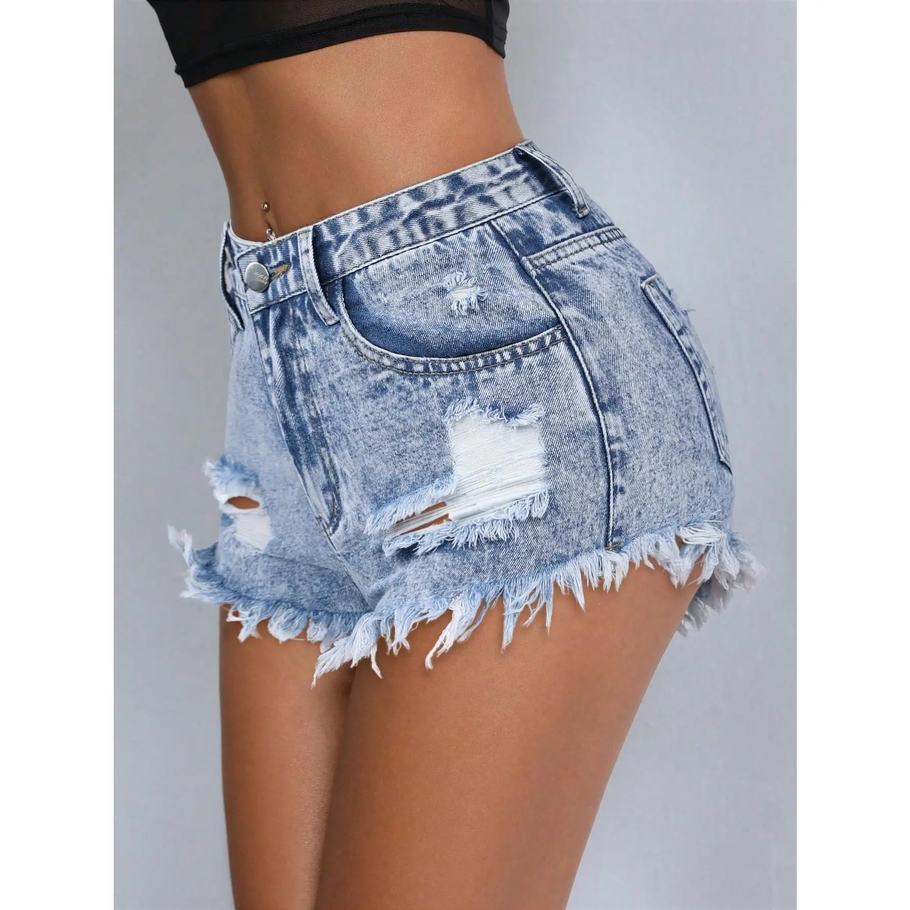 PETITE Women Pocket Distressed Frayed Hem Casual Denim Shorts