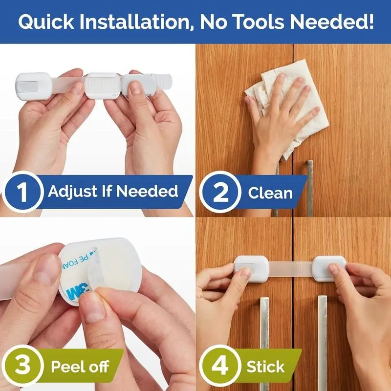 Child Safety Strap Locks (4-Pack) Baby Locks for Cabinets and Drawers, Toilet, Fridge&amp; More.3M Adhesive Pads.Easy Installation.(White/Gray) 4