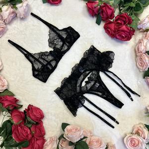 Liliosa Lingerie Milano High Quality Classy Elegant Black Lace Mesh Sheer 3 Piece Set (Bra - clasp + Garter - clasp + Pants - adjustable)  Comfortable Womenswear Underwear, Sexy Lingerie Everyday Elegance Style, Girl Fit, Adjustable Spaghetti Straps