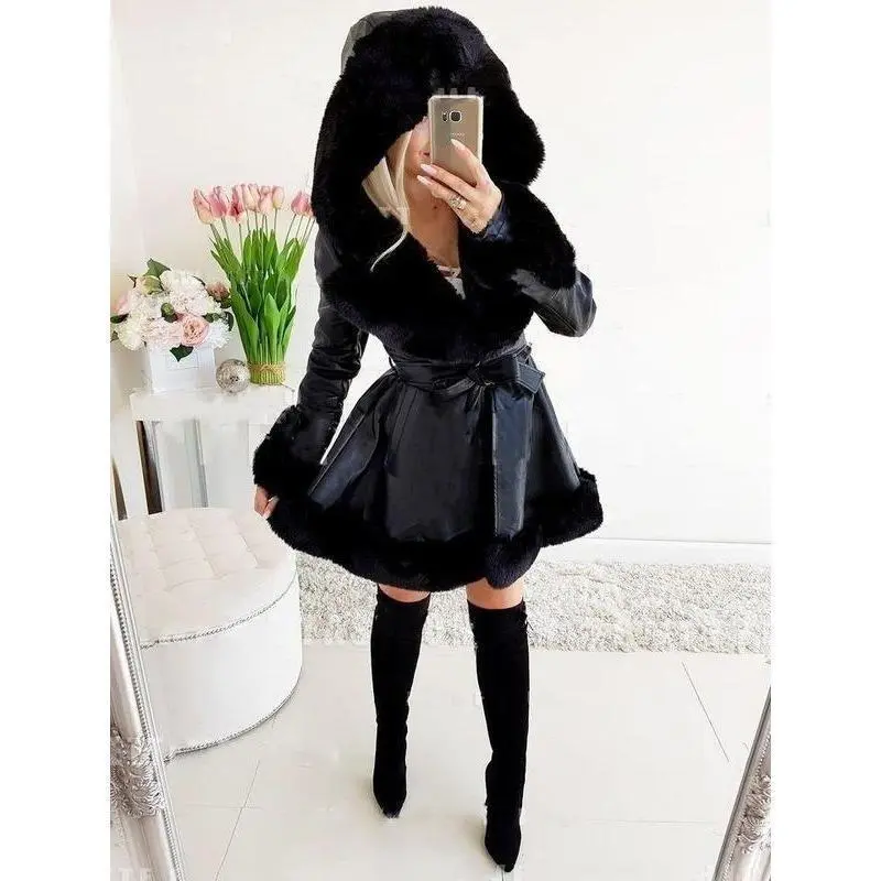 【2024】 Lapel Classic Style Fur Splicing Coat Women's Winter Warm Ruffled Hooded Jacket Waist-Tight