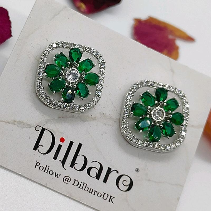Dilbaro Silver Plated Zircon Stud Earrings AD Earrings AD Studs Premium Jewellery Green and Blue stone Ethnic Jewellery 0