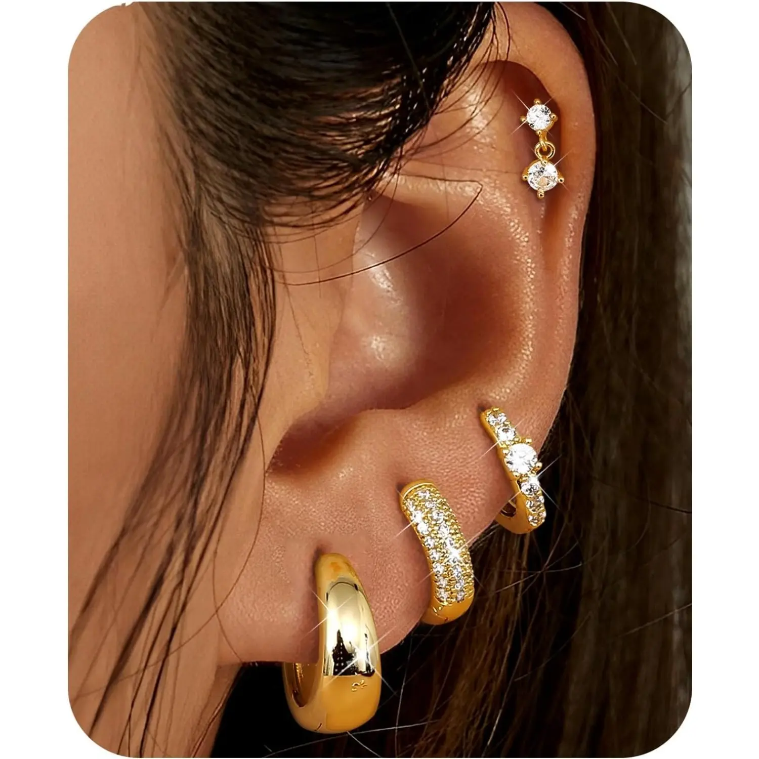 MILACOLATO 3-5 Pairs Silver Stud Hoop Earrings Set for Women Gold Plated Hoop Earrings Stacks Hypoallergenic Small Chunky Hoop Earrings Cartilage Gold Earring Studs for Multiple Piercings