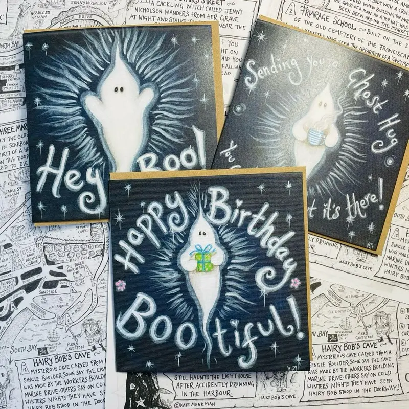 Set of 3 Spooky Ghost Greetings Cards - Happy Birthday, Ghost Hug, Hey Boo! - Eco-Friendly - 12cm x 12cm