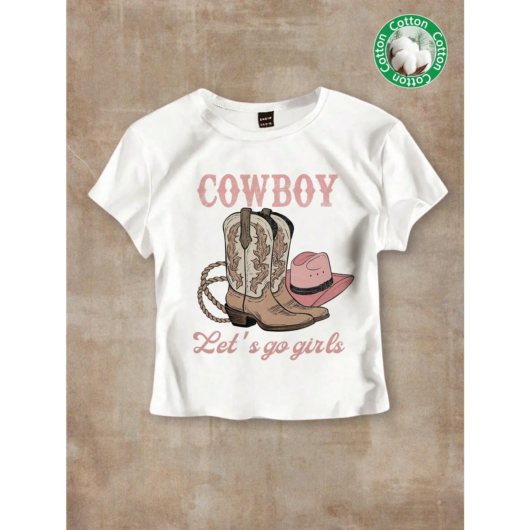 Tseoso Casual Cowboy Boots Vintage Pattern Round Neck Short Sleeve Cropped Fitted Women's T-Shirt, Cotton Blended, Suitable For Summer Retro Womenswear Fabric Tops Tshirt Comfort Streetwear Crewneck Shortsleeve White