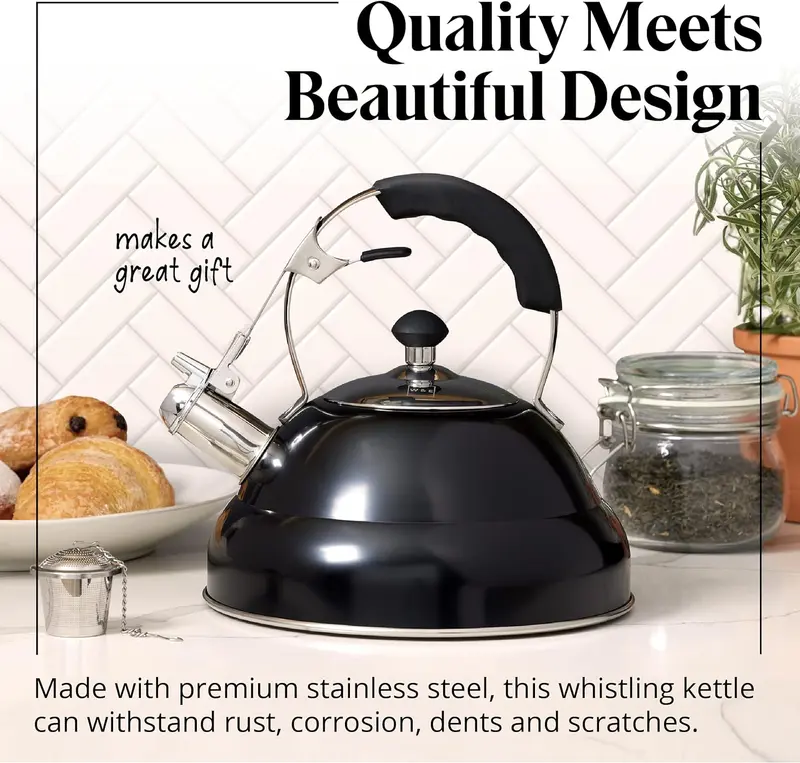 Willow & Everett Stainless Steel Whistling Tea Kettle 3L Induction & Gas Stove with free Loose Leaf Tea Strainer Drinkware Jugs Aluminium Retro Silicone 6