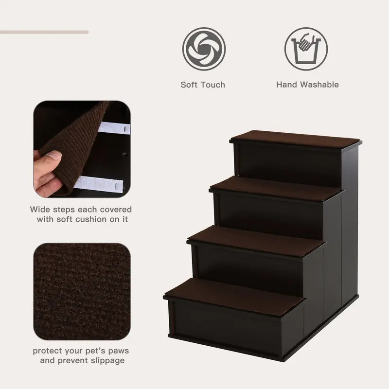 PawHut 4 Step Cushioned Pet Stairs Ramp Steps for Dogs, Cat Ladder for Bed Couch with Non-Slip Carpet, 40 x 59 x 54.2 cm, Dark Coffee 3