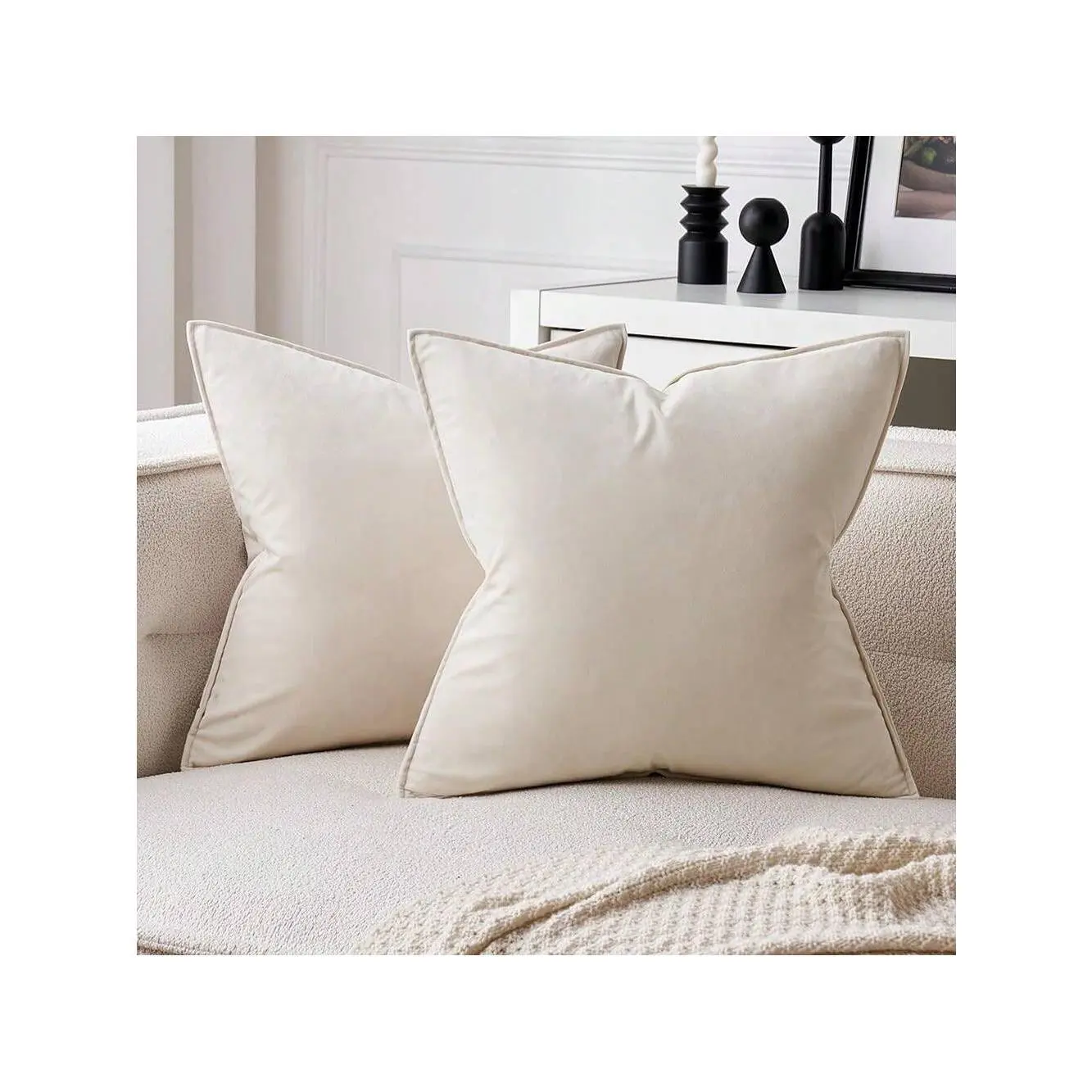 2pcs Minimalist Nordic Style Beige Solid Color Sherpa Flannel Throw Pillow Cases, Square Decorative Cushion Covers For Holiday Home, Soft And Comfortable Linen-Like Fabric For Sofa, Bedroom, Dorm Use