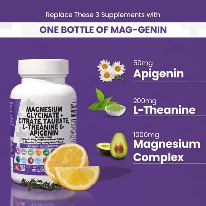 Product Introduction of Nutrition Magnesium Glycinate Complex 1000mg with L-Theanine 200mg Apigenin 50mg Citrate Taurate Supplement - 5-HTP GABA Passion Flower Lemon Balm L-Glycine Phosphatidylserine Ashwagandha - 60 Count Healthcare Dietary Fitness 1