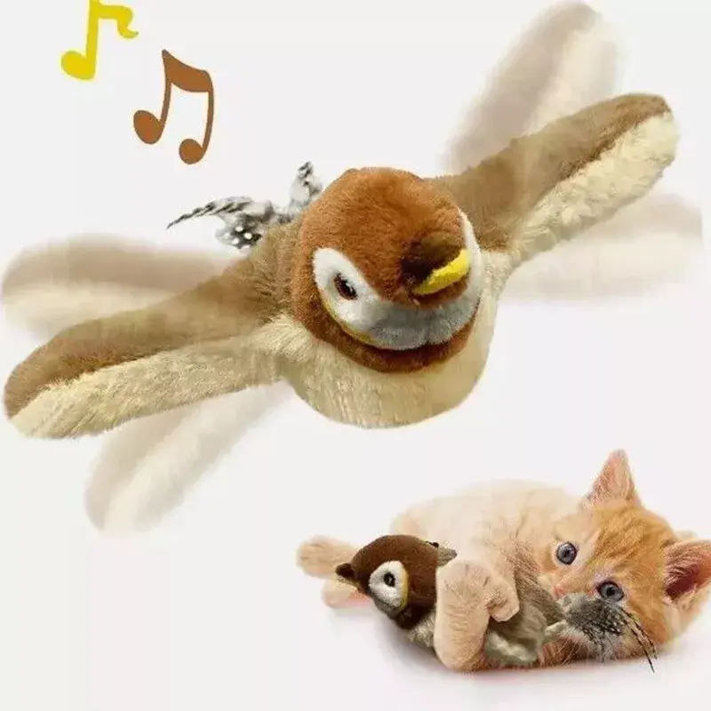 Electronic Interactive Flying Bird Cat Plush Toy Hanging Flapping Wings Sparrow